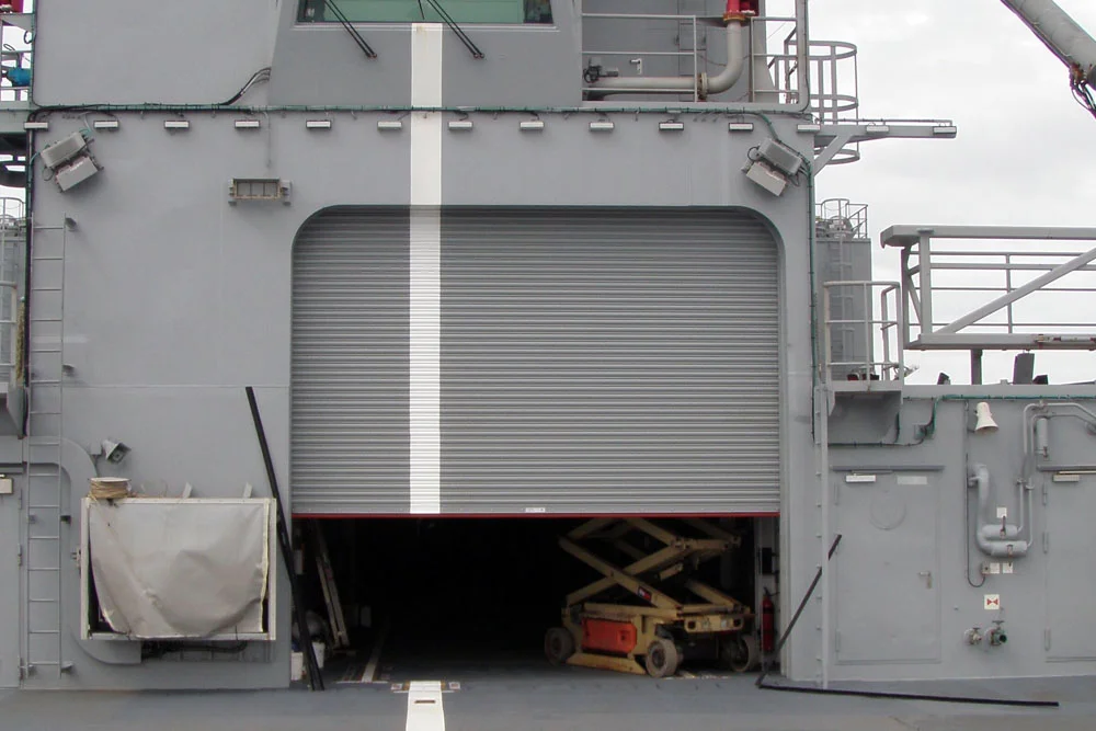 Roller shutter doors on the exterior of a ship